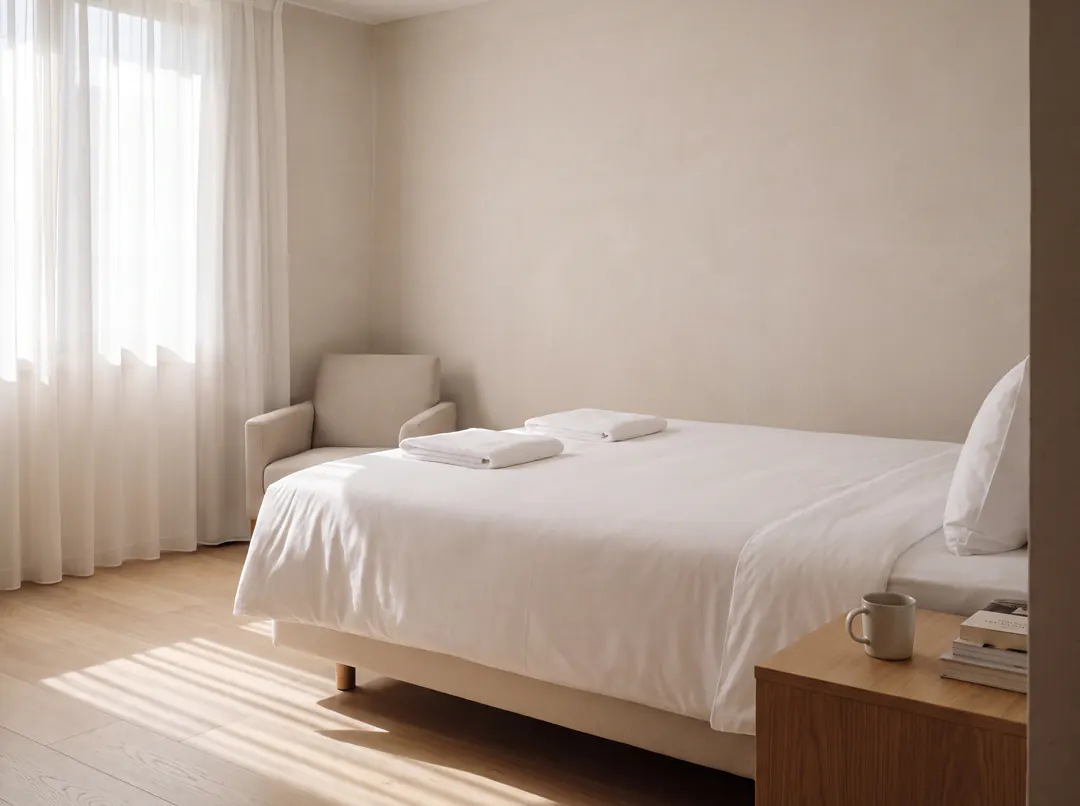 Camera d'hotel appena rifatta, lenzuola tese e asciugamani piegati sul letto, luce del mattino dalle tende.